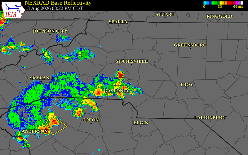 NEXRAD radar during the Thursday, August 13, 2026 storm activity in Lincoln County, North Carolina