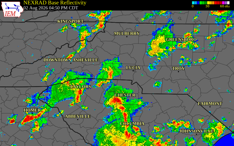 Radar snapshot during the Aug 2, 2026 wind event near Lincoln County, Lincoln County, North Carolina, with NWS warning polygons