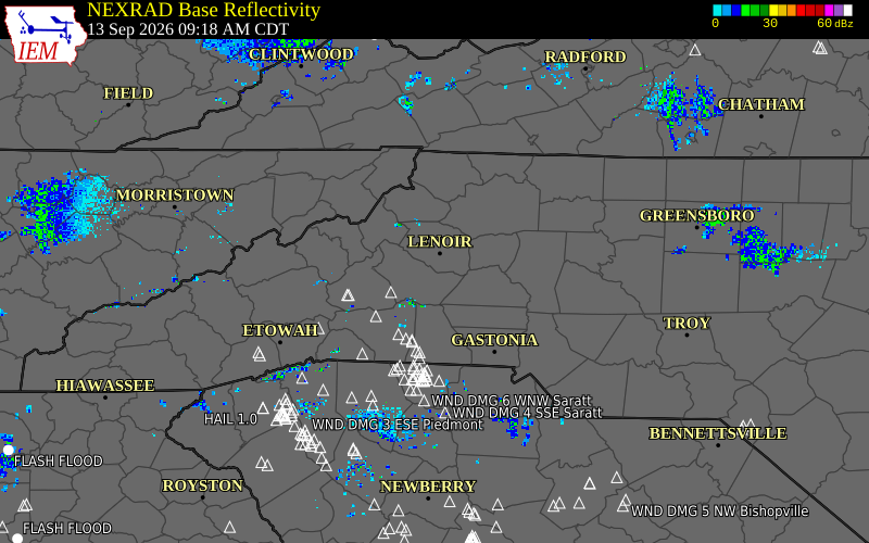 Current NEXRAD radar over Lincoln County, North Carolina with recent storm report locations