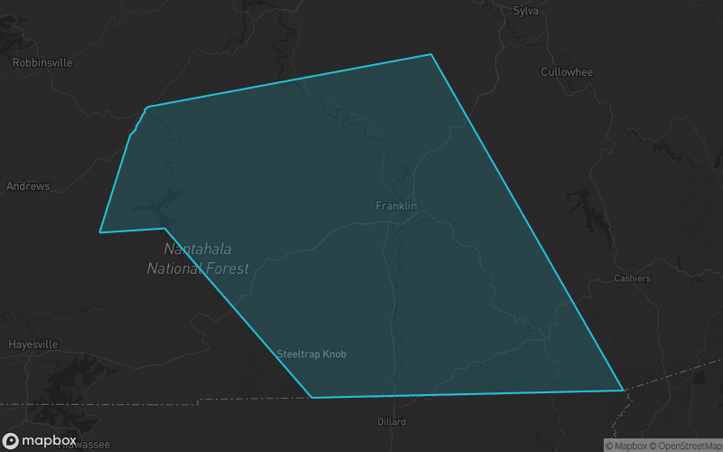 Map of Macon County, North Carolina showing the county boundary and surrounding cities