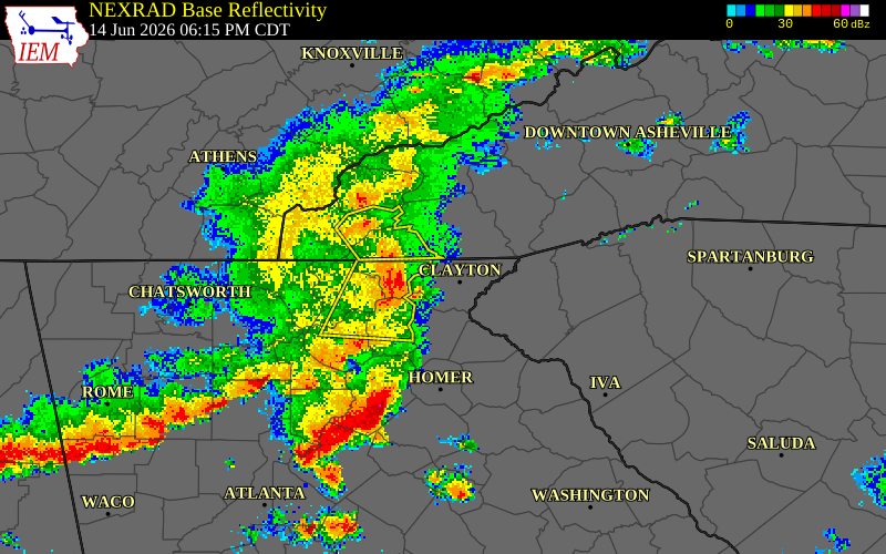 NEXRAD radar during the Sunday, June 14, 2026 storm activity in Macon County, North Carolina