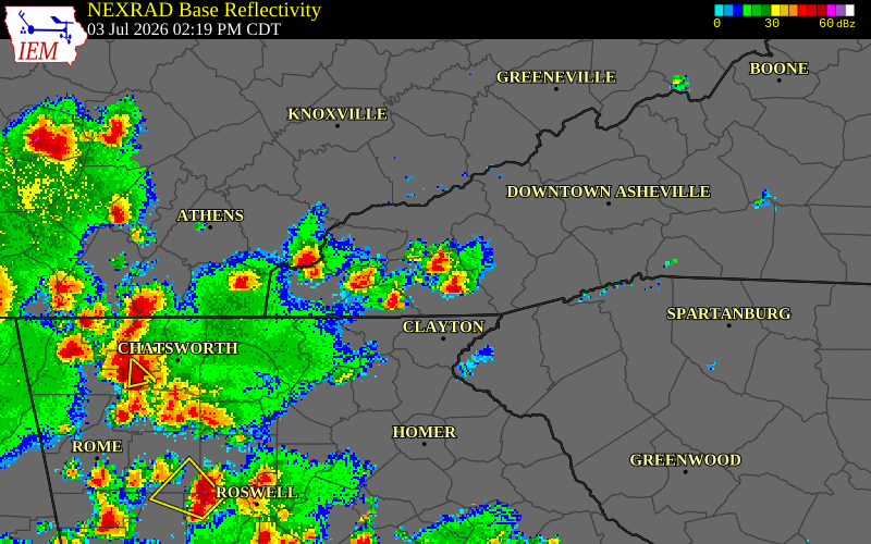 NEXRAD radar during the Friday, July 3, 2026 storm activity in Macon County, North Carolina