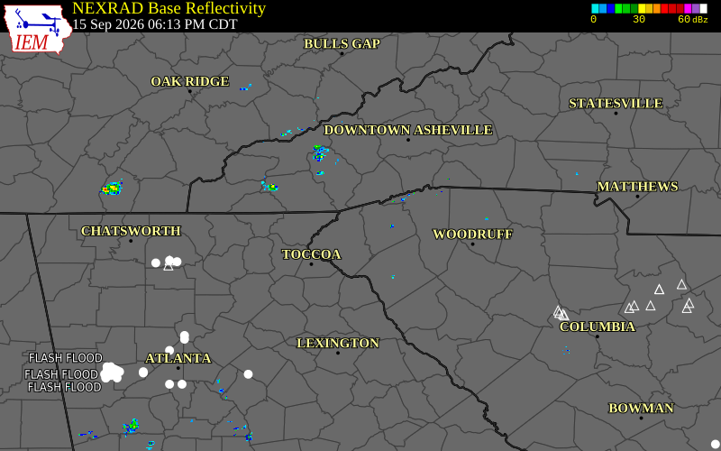 Current NEXRAD radar over Macon County, North Carolina with recent storm report locations
