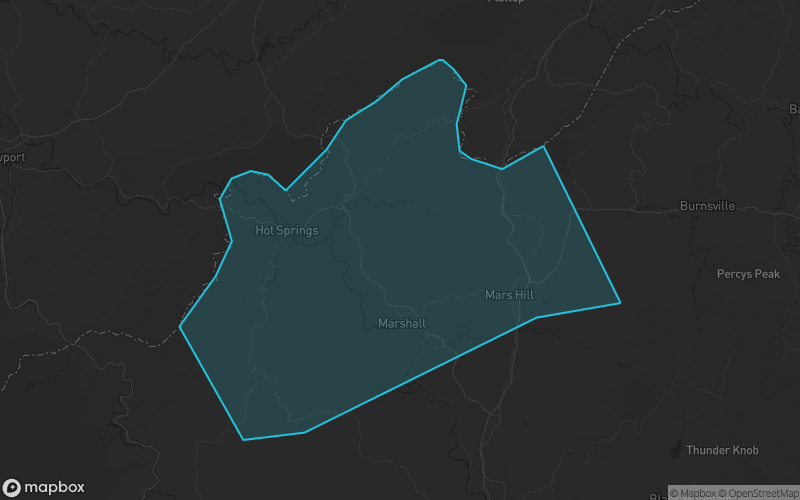 Map of Madison County, North Carolina showing the county boundary and surrounding cities