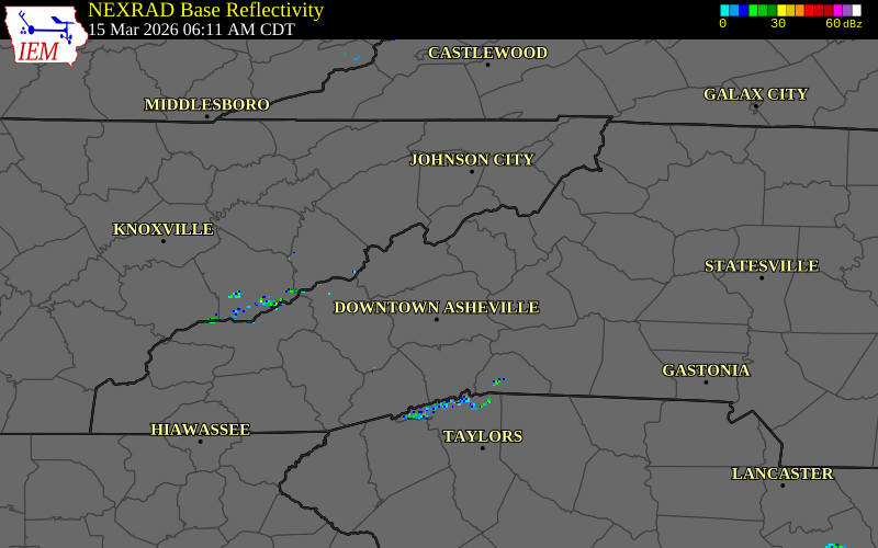 NEXRAD radar during the Sunday, March 15, 2026 storm activity in Madison County, North Carolina
