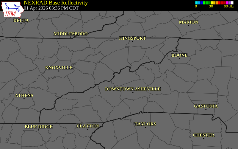 NEXRAD radar during the Wednesday, April 1, 2026 storm activity in Madison County, North Carolina