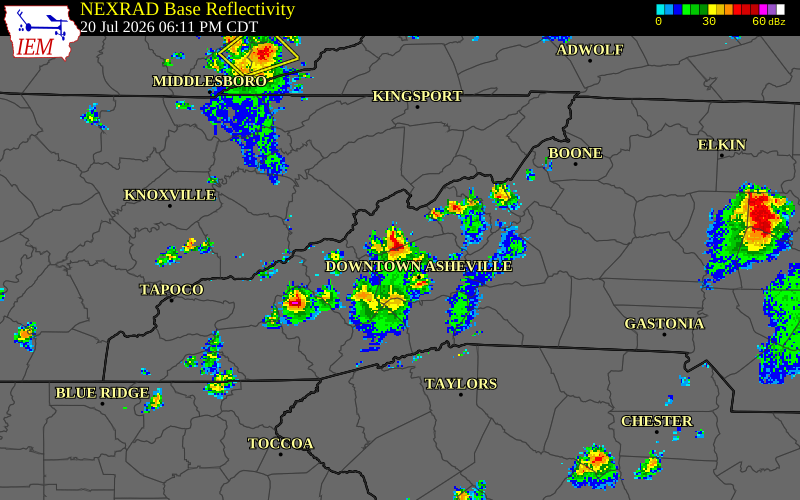 NEXRAD radar during the Monday, July 20, 2026 storm activity in Madison County, North Carolina