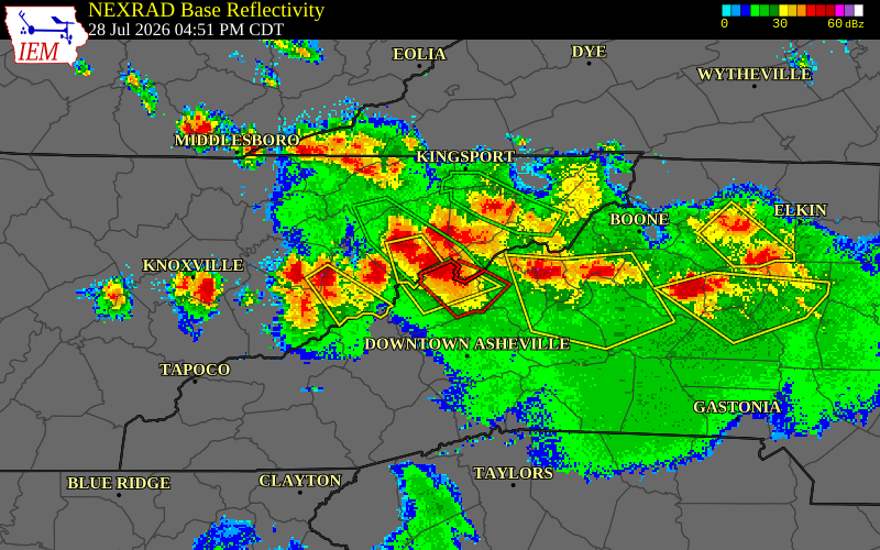 NEXRAD radar during the Tuesday, July 28, 2026 storm activity in Madison County, North Carolina