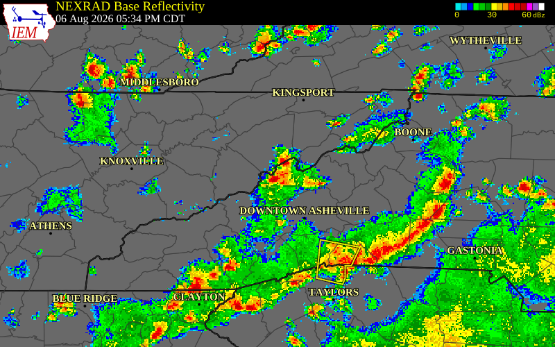 NEXRAD radar during the Thursday, August 6, 2026 storm activity in Madison County, North Carolina
