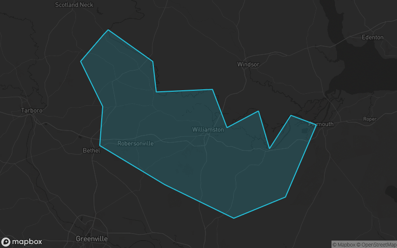 Map of Martin County, North Carolina showing the county boundary and surrounding cities