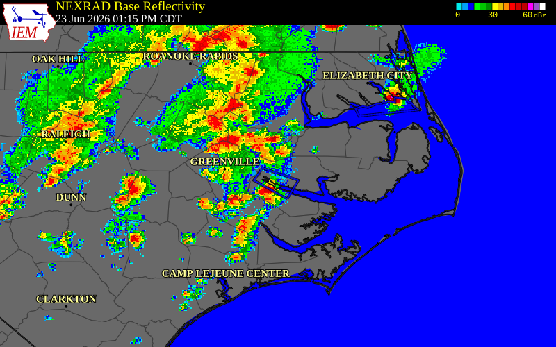 NEXRAD radar during the Tuesday, June 23, 2026 storm activity in Martin County, North Carolina