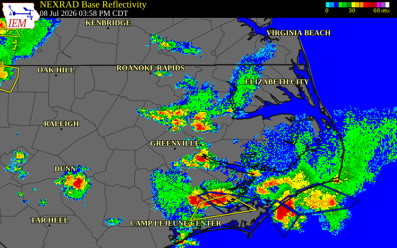 NEXRAD radar during the Wednesday, July 8, 2026 storm activity in Martin County, North Carolina