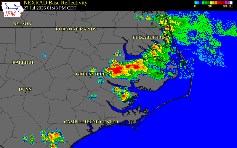 NEXRAD radar during the Monday, July 27, 2026 storm activity in Martin County, North Carolina