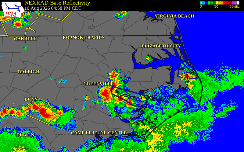 NEXRAD radar during the Monday, August 10, 2026 storm activity in Martin County, North Carolina