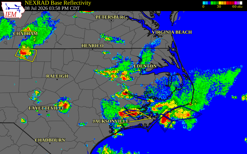 Radar snapshot during the Jul 28, 2026 wind event near Martin County, Martin County, North Carolina, with NWS warning polygons