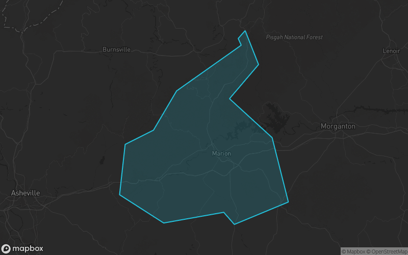 Map of McDowell County, North Carolina showing the county boundary and surrounding cities