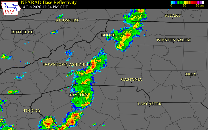 NEXRAD radar during the Sunday, June 14, 2026 storm activity in McDowell County, North Carolina