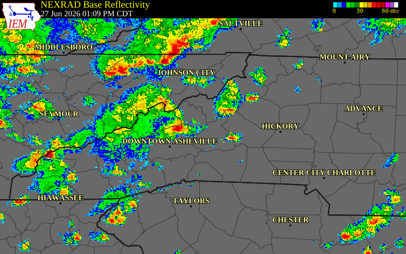 NEXRAD radar during the Saturday, June 27, 2026 storm activity in McDowell County, North Carolina