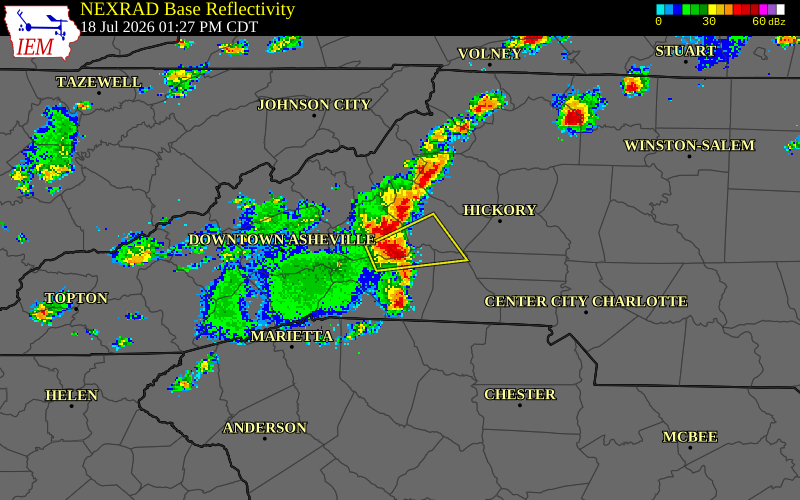 NEXRAD radar during the Saturday, July 18, 2026 storm activity in McDowell County, North Carolina