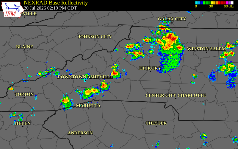NEXRAD radar during the Monday, July 20, 2026 storm activity in McDowell County, North Carolina