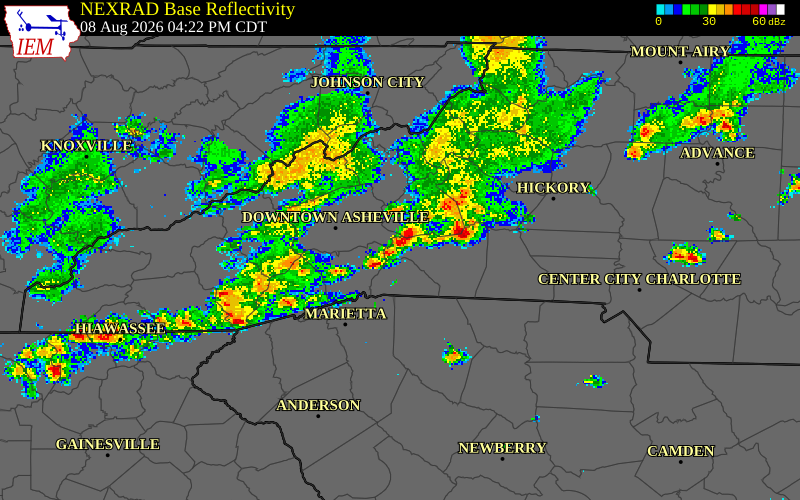 NEXRAD radar during the Saturday, August 8, 2026 storm activity in McDowell County, North Carolina