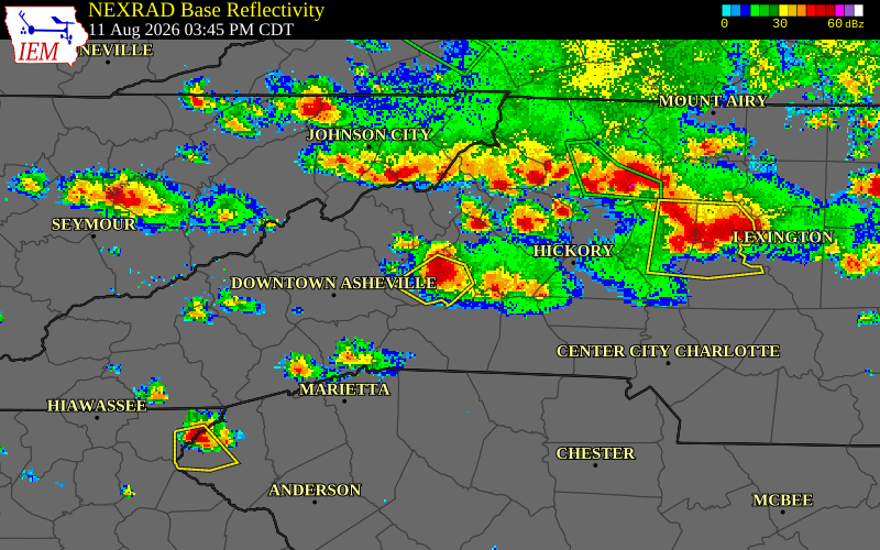 NEXRAD radar during the Tuesday, August 11, 2026 storm activity in McDowell County, North Carolina