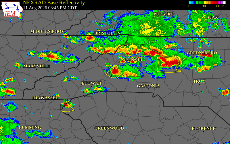 Radar snapshot during the Aug 11, 2026 hail event near Marion, McDowell County, North Carolina, with NWS warning polygons