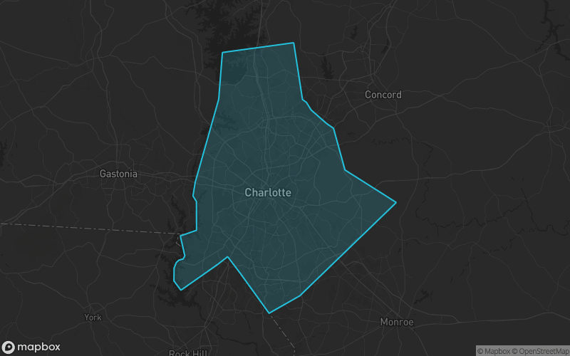 Map of Mecklenburg County, North Carolina showing the county boundary and surrounding cities