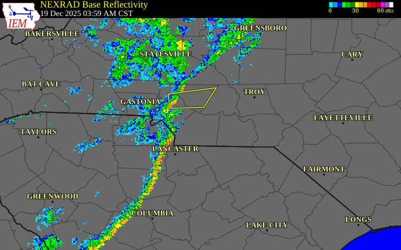 NEXRAD radar during the Friday, December 19, 2025 storm activity in Mecklenburg County, North Carolina