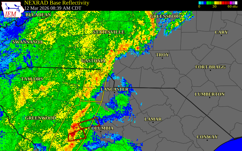 NEXRAD radar during the Thursday, March 12, 2026 storm activity in Mecklenburg County, North Carolina