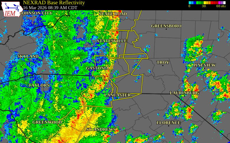 NEXRAD radar during the Monday, March 16, 2026 storm activity in Mecklenburg County, North Carolina