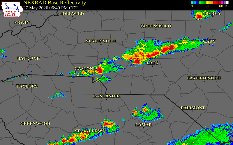NEXRAD radar during the Wednesday, May 27, 2026 storm activity in Mecklenburg County, North Carolina