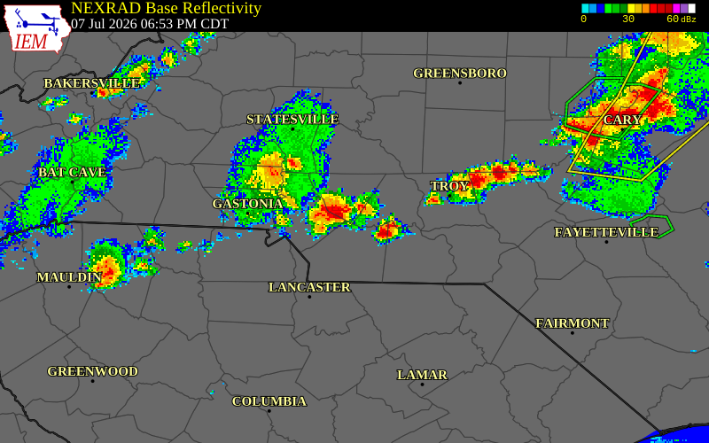 NEXRAD radar during the Tuesday, July 7, 2026 storm activity in Mecklenburg County, North Carolina