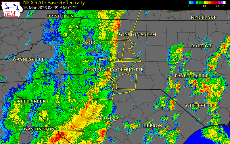 Radar snapshot during the Mar 16, 2026 tornado event near 2 NNE Center City Charl, Mecklenburg County, North Carolina, with NWS warning polygons