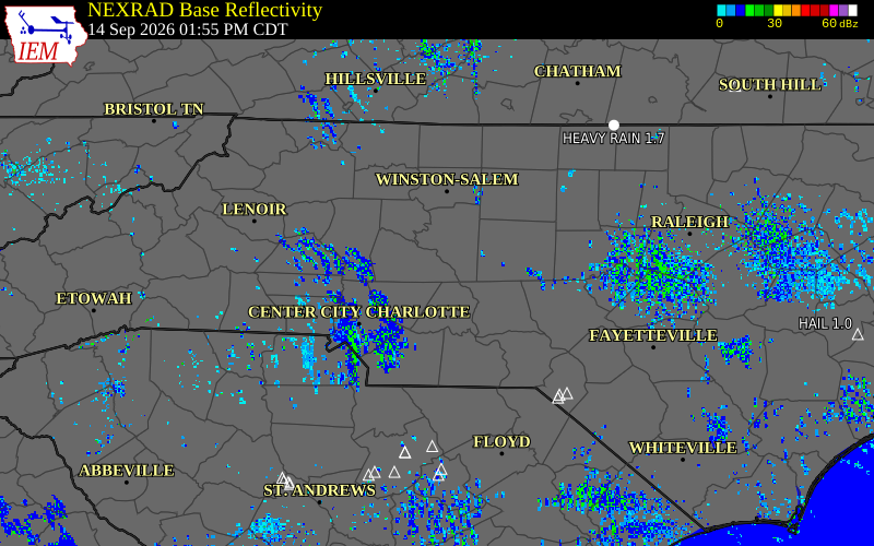 Current NEXRAD radar over Mecklenburg County, North Carolina with recent storm report locations