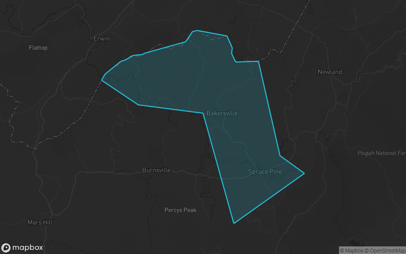 Map of Mitchell County, North Carolina showing the county boundary and surrounding cities