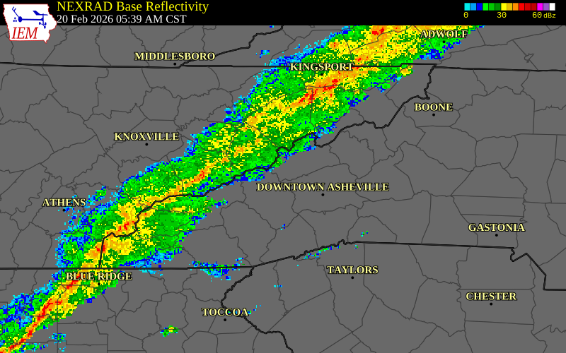 NEXRAD radar during the Friday, February 20, 2026 storm activity in Mitchell County, North Carolina