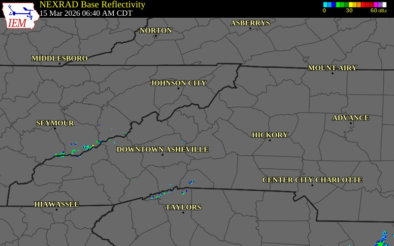 NEXRAD radar during the Sunday, March 15, 2026 storm activity in Mitchell County, North Carolina