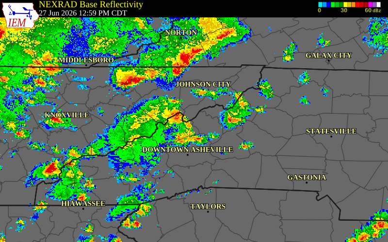 NEXRAD radar during the Saturday, June 27, 2026 storm activity in Mitchell County, North Carolina
