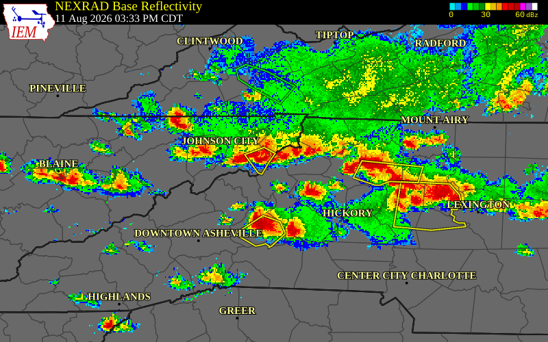 NEXRAD radar during the Tuesday, August 11, 2026 storm activity in Mitchell County, North Carolina