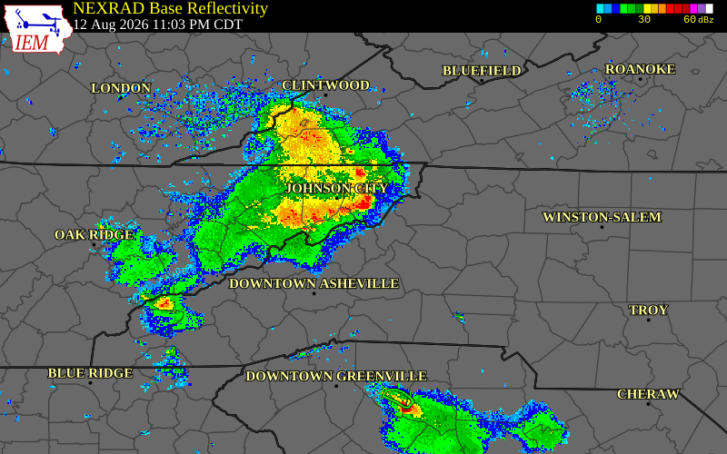 Radar snapshot during the Aug 13, 2026 wind event near Mitchell County, Mitchell County, North Carolina, with NWS warning polygons