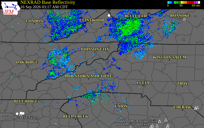 Current NEXRAD radar over Mitchell County, North Carolina with recent storm report locations