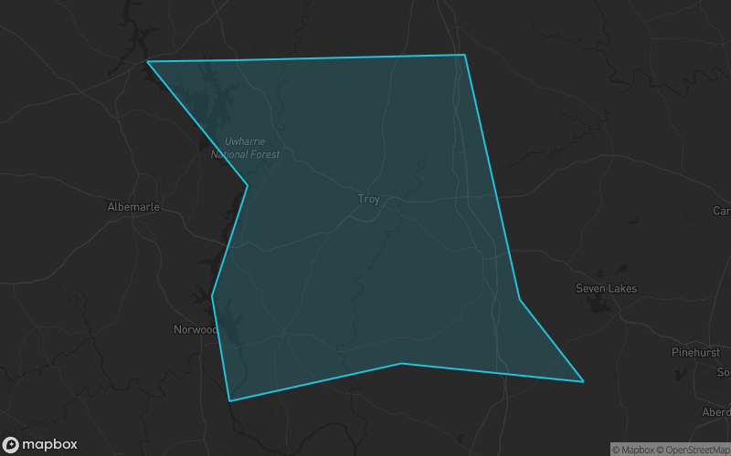 Map of Montgomery County, North Carolina showing the county boundary and surrounding cities