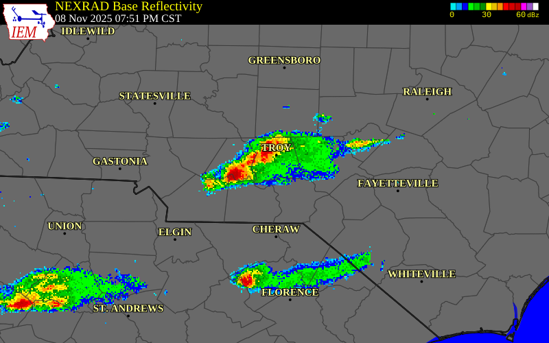 NEXRAD radar during the Saturday, November 8, 2025 storm activity in Montgomery County, North Carolina