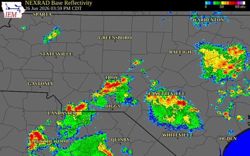 NEXRAD radar during the Friday, June 26, 2026 storm activity in Montgomery County, North Carolina