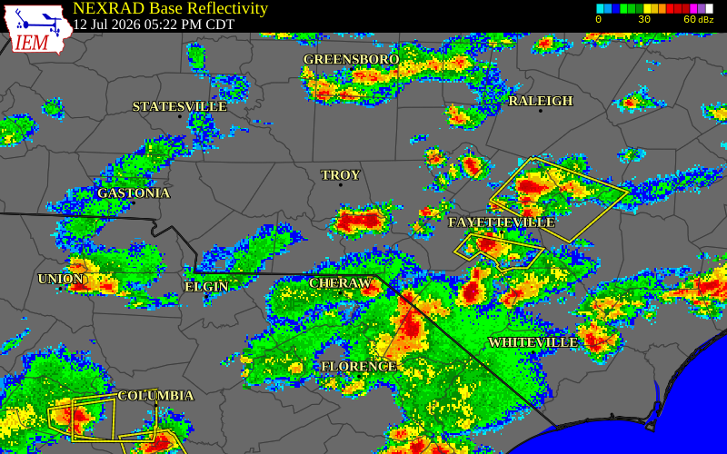 NEXRAD radar during the Sunday, July 12, 2026 storm activity in Montgomery County, North Carolina