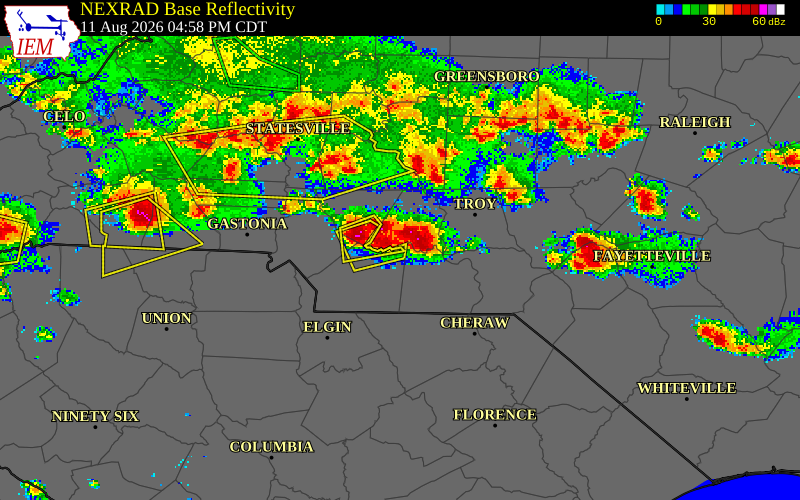 NEXRAD radar during the Tuesday, August 11, 2026 storm activity in Montgomery County, North Carolina