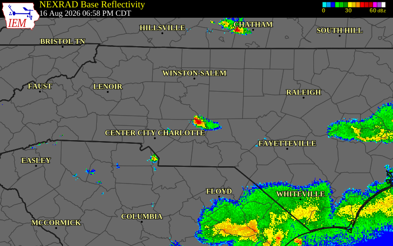 Radar snapshot during the Aug 6, 2026 wind event near Montgomery County, Montgomery County, North Carolina, with NWS warning polygons