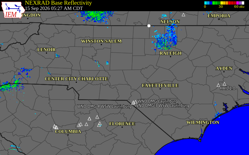 Current NEXRAD radar over Montgomery County, North Carolina with recent storm report locations