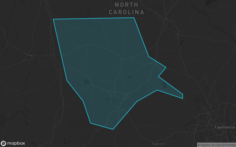 Map of Moore County, North Carolina showing the county boundary and surrounding cities
